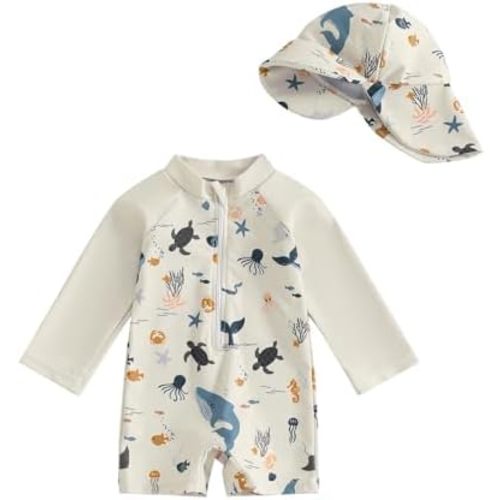 JiAmy Toddler Baby Boy Swimsuit with Sun Hat Long Sleeve Zip Up Rash Guard Sun Protection Beach One Piece Bathing Suit