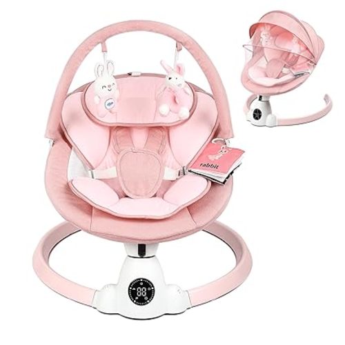 Baby Swing for Infants, Portable Electric Baby Swings with Bluetooth, 5 Swing Speed, 10 Lullabies, 5-Point Harness, Remote Control & Touch Panel - Infant Swing for Indoor & Outdoor Use, Pink