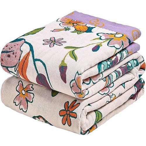 MSGKV Boho Throw Blanket 60"x80" 100% Cotton Floral Blanket for Bed Couch