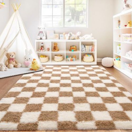 5x7 Feet Checkered Area Rugs For Living Room, Black Modern Super Soft Fluffy Rugs for Bedroom Home Aesthetic Decor white camel 60x84 inch