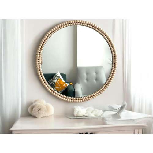 Natural Wood Beaded Round Mirror, Nursery Wall Decor (20")