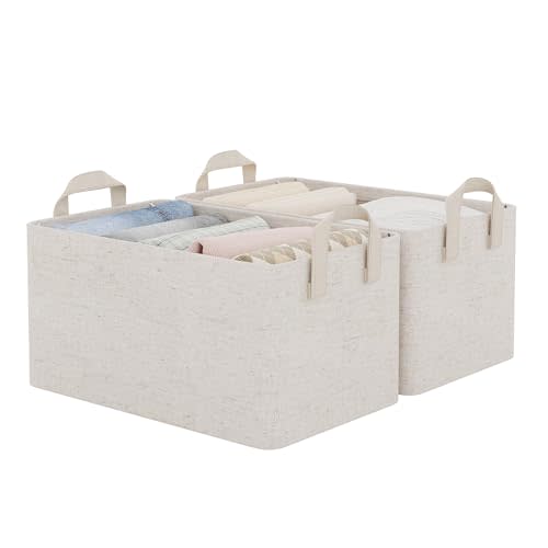 StorageWorks Fabric Storage Bins, Linen Closet Organizers, Beige, 2-Pack | With Reinforced PU Handles, Metal Frame, Sturdy Structure, Collapsible, for Closet, Shelves, Holds Clothes, Towels, Blankets