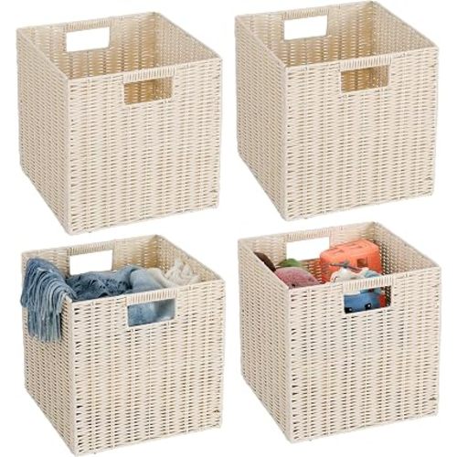 TAIMEI&G02 12x12x12inch Plastic Wicker Cube Baskets Large Square Foldable Handwoven Laundry Organizer Set of 4, lvory