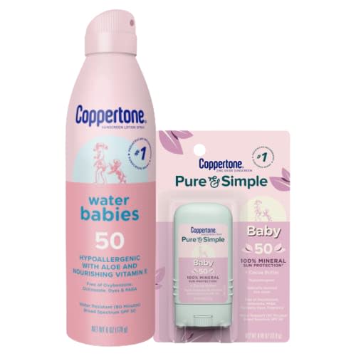 Coppertone WaterBabies Baby Sunscreen Spray SPF 50 (6 Oz) + Pure and Simple Baby Mineral Sunscreen Stick SPF 50 with Zinc Oxide, Tear Free (0.49 Oz) Hypoallergenic and Oxybenzone Free