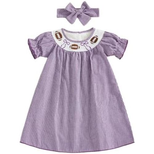 Hulpvktsgiq Toddler Baby Girl Football Outfit Cute Plaid Embroidery Smocked Romper/Dress Short Sleeve Clothes with Headband