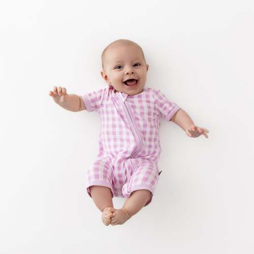 Zipper Shortall Romper in Gingham Thistle | Size 3-6 Months