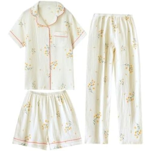 codcm Womens 3pcs Cotton Pajamas Set Short Sleeve Sleepwear Fruit Print Cute Pj Set with Long Pants