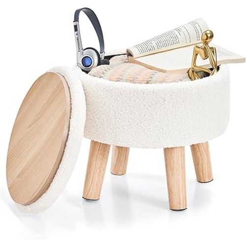 Poofzy Small Ottoman with Storage, Small Foot Stool Ottoman with Wood Legs, Sherpa Foot Rest for Couch, Living Room and Bedroom - White