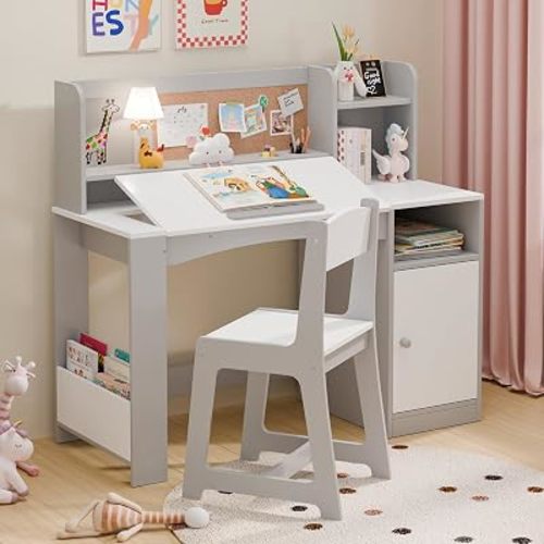 Xilingol Kids Desk and Chair Set, Wooden Desk for Kids with Tiltable Desktop & Hutch, Kid Desk with Storage Cabinet, Study Desk and Chair, Kids Art Table for Girls & Boys (Grey)