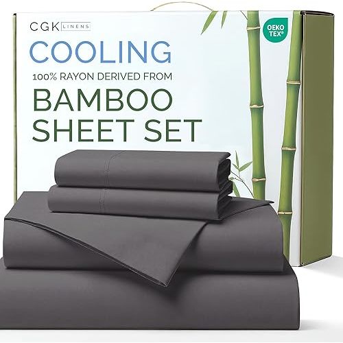 100% Rayon Derived From Bamboo - Bamboo Sheets King Size - Cooling Sheets for King - Soft, Breathable & Hotel Luxury Bedding - 1 Flat & 1 Fitted & 2 Pillowcases with 16 Inch Deep Pockets - Dark Grey