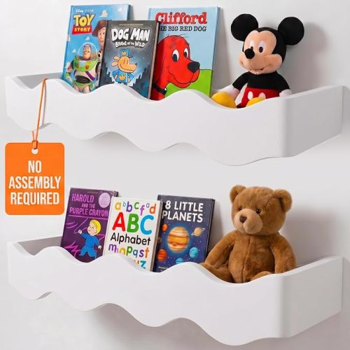Ovalo Nursery Book Shelves Set of 2 - Solid Pine Wood Nursery Bookshelf, Floating Nursery Shelves for Wall, Wall Bookshelf for Kids Room, No-Assembly Wall Mounted Baby Book Shelf. (White)