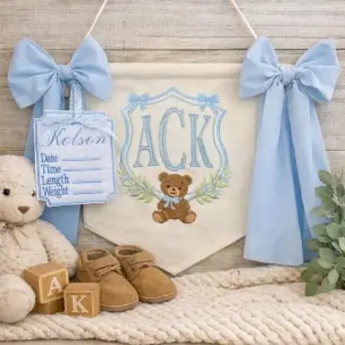 EMBROIDERED Personalized Bear Banner Door Hanger, Cute Baby Banner, Bear Lover Gift, Animal Baby Banner, Baby Shower Gift, Welcome Baby Gift - Google Search