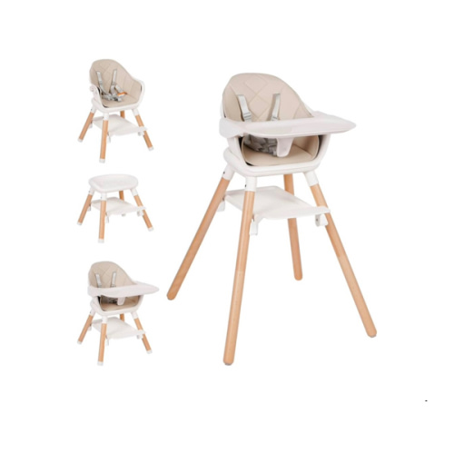High Chair, 6 in 1 Wooden Convertible High Chairs for Babies and Toddlers, Booster Seat with Double Tray & Reversible Footrest Baby Highchair, 5-Point Harness Baby Feeding Chair, Beige