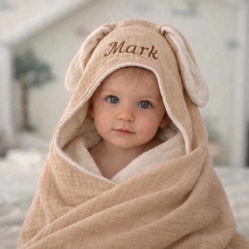 Personalized Bunny Ear Hooded Baby Towel, Muslin Cotton Terry Bath Towel