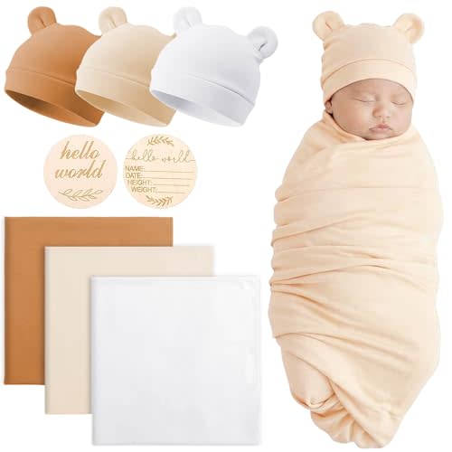 BQUBO 3 Sets Cotton Baby Swaddle Blankets Swaddling Wrap with Hats Mittens Newborn Soft Silky Nursery Receiving Blanket Cute Bear Ears Hat Elastic Gloves Set for Unisex Baby 0-3 Months