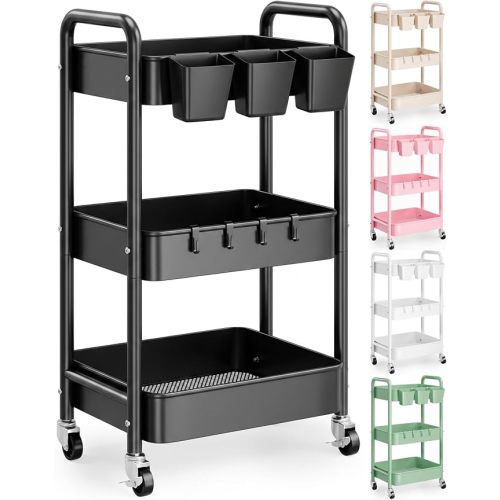 3 Tier Rolling Cart Metal with Wheels,Black Three Tiered Art Cart Organizer