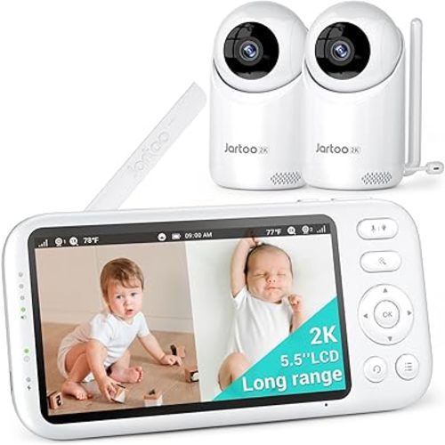 2K Video Baby Monitor with 2 Cameras and Audio, Long Range Baby Monitor No WiFi, 5.5" Split Display, VOX - AI Cry Detect, ANR, IR Night Vision, 2-Way Audio, 6000mAh