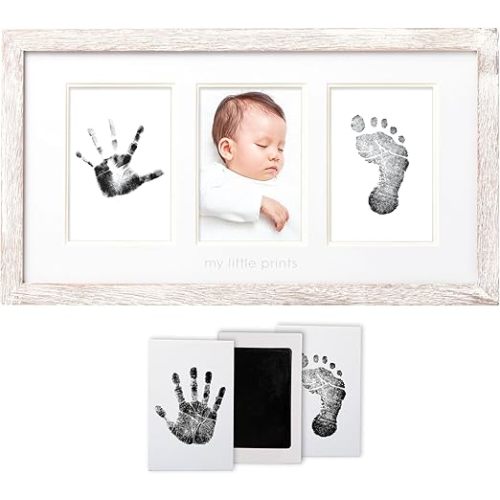 Pearhead My Little Prints Newborn Handprint & Footprint Keepsake Frame with Inkless Clean-Touch Pad, Gender-Neutral Rustic Nursery Décor, Baby Registry & Shower Gift, Distressed Wood