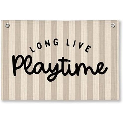 Playroom Decor, Long Live Playtime Wall Hanging Linen Banner, Blue Striped Wall Flag for Kids Room Nursery Playroom Decor, 20x30 Inch-Black