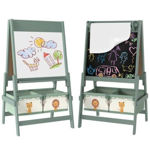 Qaba Kids Easel, 3-in-1 Double-Sided Art Easel with Paper Roll, Whiteboard & Chalkboard, Storage Baskets for Toddlers Ages 3-8, Green