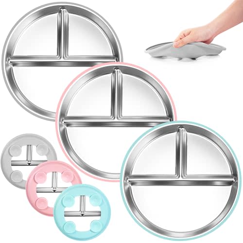 Stainless Steel Toddler Plates Silicone Suction,3 Packs Non-Slip Baby Plates,Divided Portion,Food-Grade Silicone Plate for Kids,LEAD-FREE Dishwasher Safe,Grey Green Pink