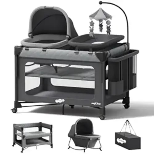 Pamo Babe Pack and Play with Bassinet - 7 in 1 One-Step Setup Bedside Crib, Portable Playpen, Travel Crib, Baby Playard with Diaper Changing Station, Toy Bar & Large Storage Bag