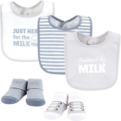 Hudson Baby Unisex Baby Cotton Bib and Sock Set, Powered By Milk, One Size