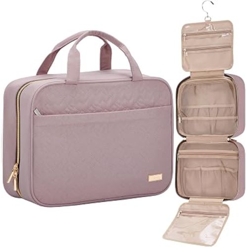 NISHEL Travel Toiletry Bag for women, Portable Hanging Organizer for Family-Sized Shampoo, Conditioner, Brushes Set, Makeup Accessories, Extra Large Size, Peach Pink