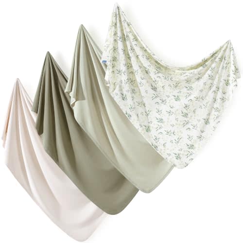 GRSSDER 4-Pack Ultra Soft Stretchy Jersey Knit Baby Swaddle Blankets, 33x44 | Snug Cocoon Fit, Easy Swaddling, Lightweight & Breathable Feel, Versatile Multi-Use Design, Fade-Resistant & No Pilling
