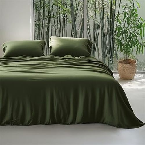 Bedsure Silky Cooling Duvet Cover Queen Size - Lightweight 100% Rayon Derived from Bamboo Comforter Cover Set for Hot Sleepers, Breathable & Moisture-Wicking Bedding Set, Olive Green
