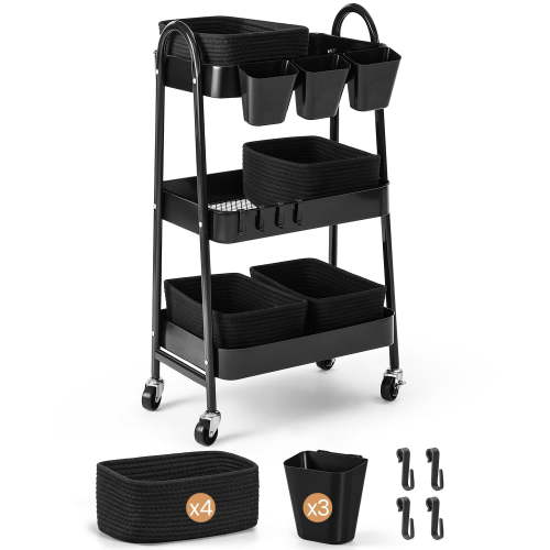 3-Tier Rolling Utility Cart with 4 Woven Baskets, Diaper Book Snack Cart, Storage Organizer for Nursery, Kitchen, Craft Room, Home SPA, Living Room, Metal Frame Trolley on Lockable Wheels, Brown