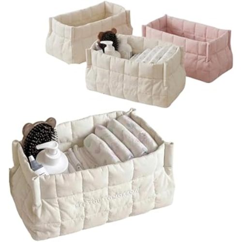 BABY MARU Quilted Diaper Organizer Caddy - Nursery Storage Bin for Diapers, Wipes & Baby Essentials - Portable Car Travel Organizer that Grows With the Baby and Infants (Pink)