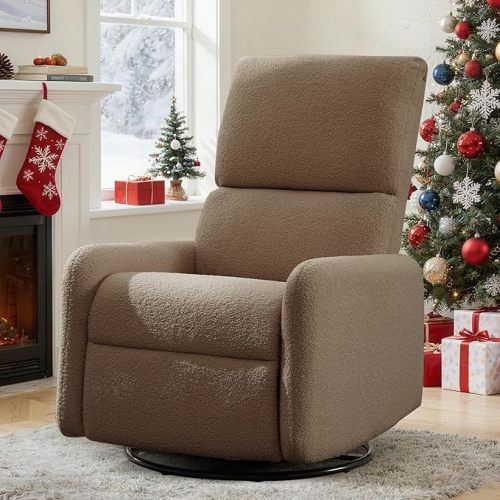 Korser 360° Swivel Glider Chair, Rocking Chair Nursery with Side Pockets, Deep Cushioned Seat, Nursery Chair with Steel Structure Base, Sherpa Swivel Chairs for Living Room, Bedroom, Baby Room