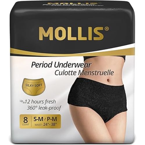 MOLLIS Disposable Period Underwear for Women, Postpartum Panties, Maternity Knickers Heavy Flow Leak Proof, Black,Small/Medium, 8 Count