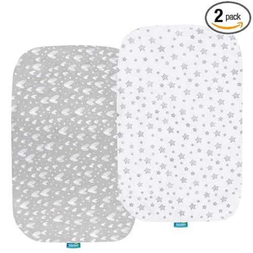 Bassinet Sheets for Baby Delight Beside Me Dreamer Bassinet, 100% Cotton | Unisex Baby Bassinet Mattress Sheets for Baby Boy Girl, 360° Elastic Snug Fit Bassinet Sheets, 2 Pack(Gray Print)