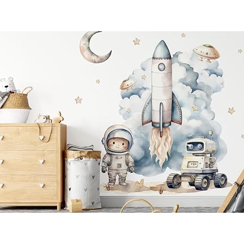 Space Wall Decal - Rocket & Astronaut Planets Stickers - Space Ship Bedroom & Playroom Decor - Unisex Wall Art Mural Vinyl Sticker (M)