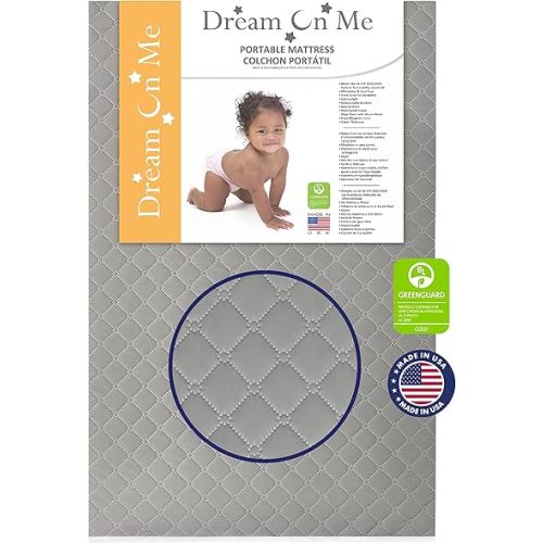 Aster 3" Fiber Portable Mini Crib Mattress, Waterproof Vinyl Cover, Greenguard Gold Certified, Mini Crib Mattress, 38" L x 24" W x 3" Th, Grey