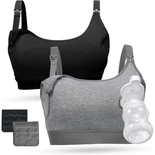 Momcozy Pumping Bra Hands Free, Pumping and Nursing Bra in One Holding Breast Pump for Spectra, Lansinoh, Medela, Black,grey-2pk, Large