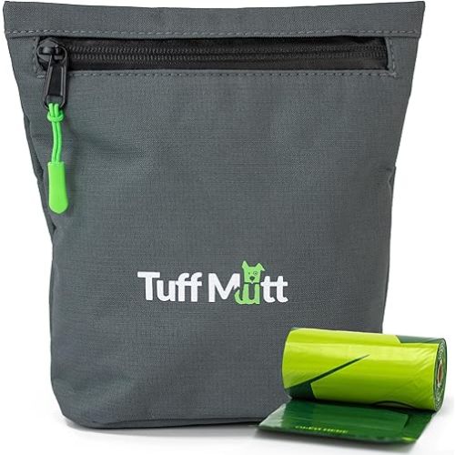 Tuff Mutt Dog Poop Bag Holder with Dispenser, Odor-Blocking Liner and Water-Resistant Fabric, Holds Full Dog Waste Bags, Adjustable Waist Belt, Includes Doggy Poop Roll
