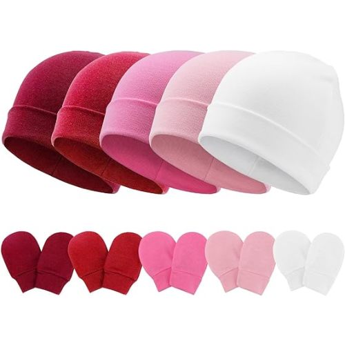 AQOKKA Baby Hats and Mittens Set Toddler Cotton Beanie Infant Cap No Scratch Gloves Newborn Hospital Hats