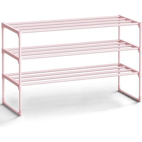 SONGMICS Shoe Rack, 3-Tier Shoe Organizer, Metal Storage Shelf, Upright or Upside Down, for 16-20 Pairs, Stackable, for Entryway, 11.8 x 36.2 x 21.7 Inches, Jelly Pink ULSA303S01