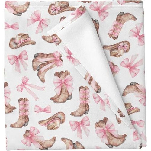 Boho Cowgirl Boots Hat Bows Baby Blankets for Boys Girls Western Cowgirls Ribbon Bows Receiving Swaddle Blankets Wild West Newborn Breathable Soft Infant Swaddling Wrap 60x80in