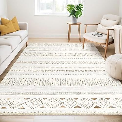 Large Living Room Area Rug 6x9: Soft Machine Washable Boho Moroccan Farmhouse Rugs for Bedroom Under Dining Table - Non-Slip Neutral Morden Indoor Floor Carpet for Home Office - Brown/Cream