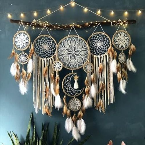 Set of 5 Boho, Hanging Large Boho Dream Catcher Wall Hanging Moon Dream Catcher Set Dream Catchers Wall Decor for Vintage Wedding Home Decorations (Camel)