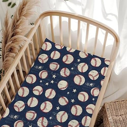 Vintage Baseball Stars Fitted Baby Crib Sheet for Boys 28x52 Inch Breathable Retro Patriotic American Sports Fitted Crib Sheet Fits Standard Cribs and Toddler Sport Lover Gift Mattresses
