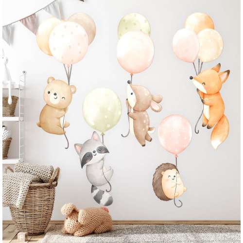 Flight of cute animals Wall Stickers for Baby Room, Beige Children's Room Decor, Animals Wall Decal for Kids Room, Self Adhesive Decal
