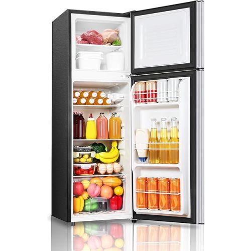 4.0 Cu.Ft Small Refrigerator with Freezer, Small Mini Fridge with Top Freezer, 2 Doors for Dorm, Apartment, Office, 7 Settings Temperature Control, Removable Shelves (Sliver)