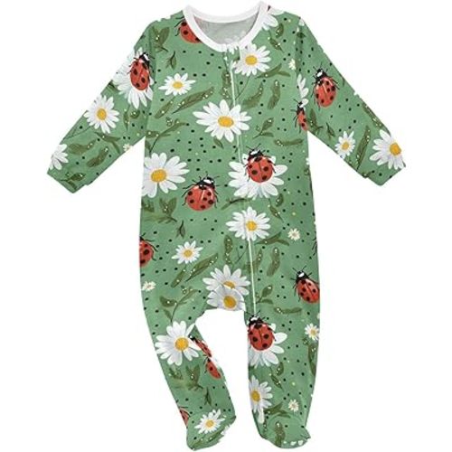 Vdsrup Baby One-Piece Footies Ladybugs Daisies Green Bodysuit Rompers Newborn Pajamas Cotton Footed Pjs for Boys Girls 3M