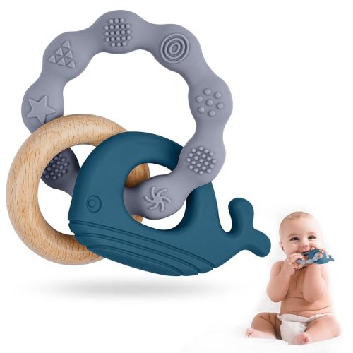 Vicloon Baby Teether Toys, Silicone & Natural Wood Teether Ring, Blue