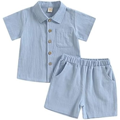 Hoanselay Baby Boy Cotton Linen Shorts Set Solid Color Short Sleeve Button Down T-Shirt Tops and Shorts Summer Outfit Clothes